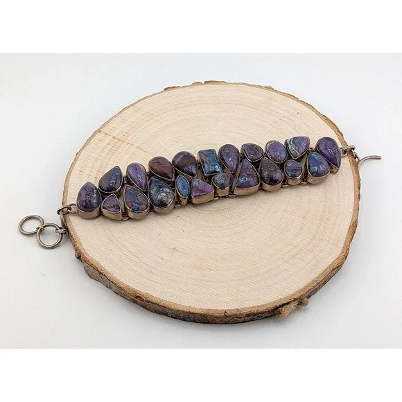 Vintage Bracelet Heavy Silver Statement Jewelry Art Deco Purp Turq sz ADJ *** - Picture 4 of 12